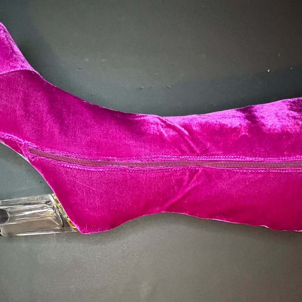 New Wide Calf Size 8W Pink Magenta Velvet With Clear Chunky Heel Boots - Picture 6 of 16